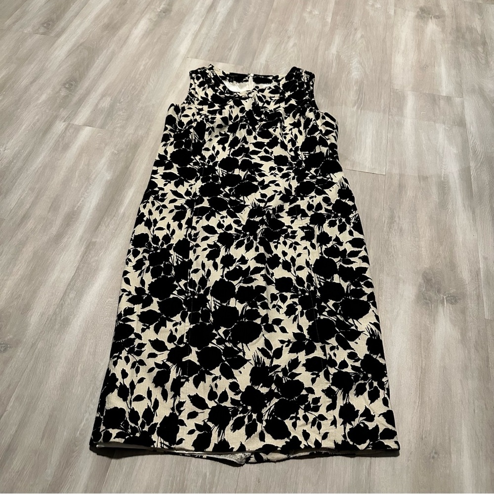 Talbots Cream Black Floral Linen Lined Sleeveless Dress Sz 14P